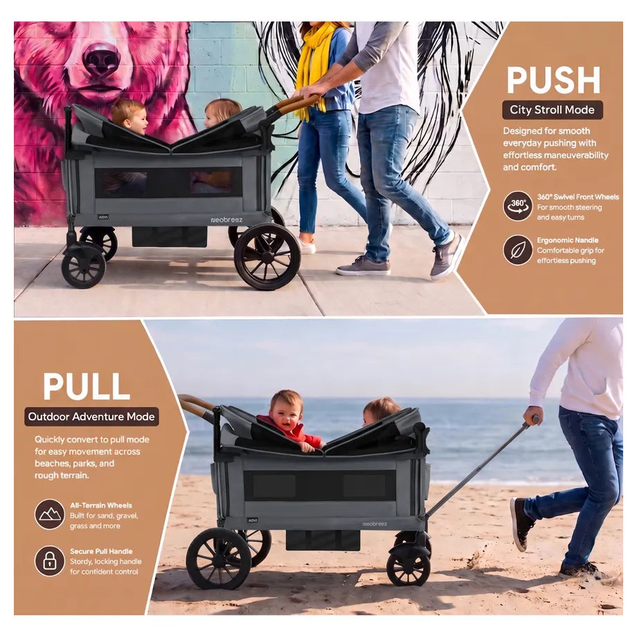 Neobreez - ADVI Wagon Cargo Push & Pull Foldable Double Stroller (Dark Grey)