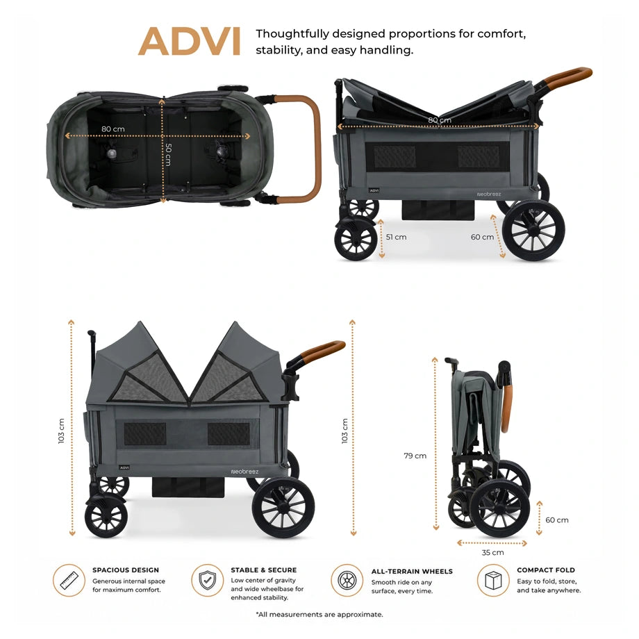 Neobreez - ADVI Wagon Cargo Push & Pull Foldable Double Stroller (Dark Grey)