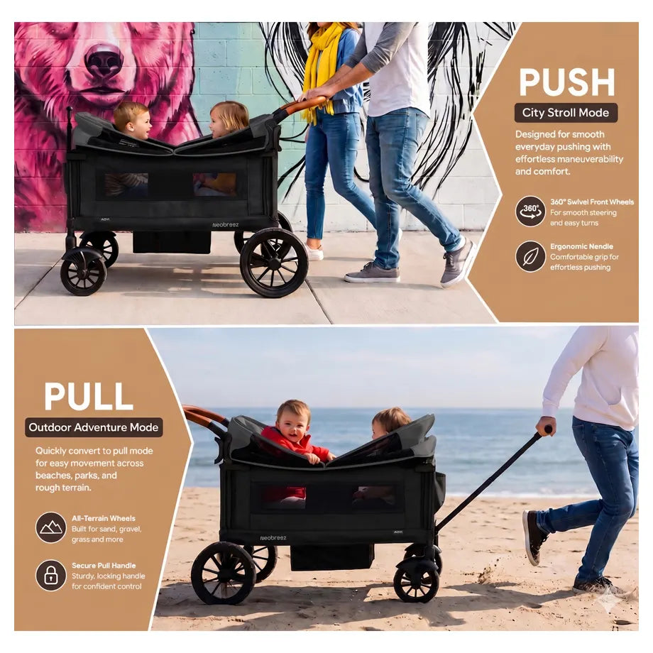 Neobreez Advi Wagon Cargo Push & Pull Foldable Double Stroller (Black)