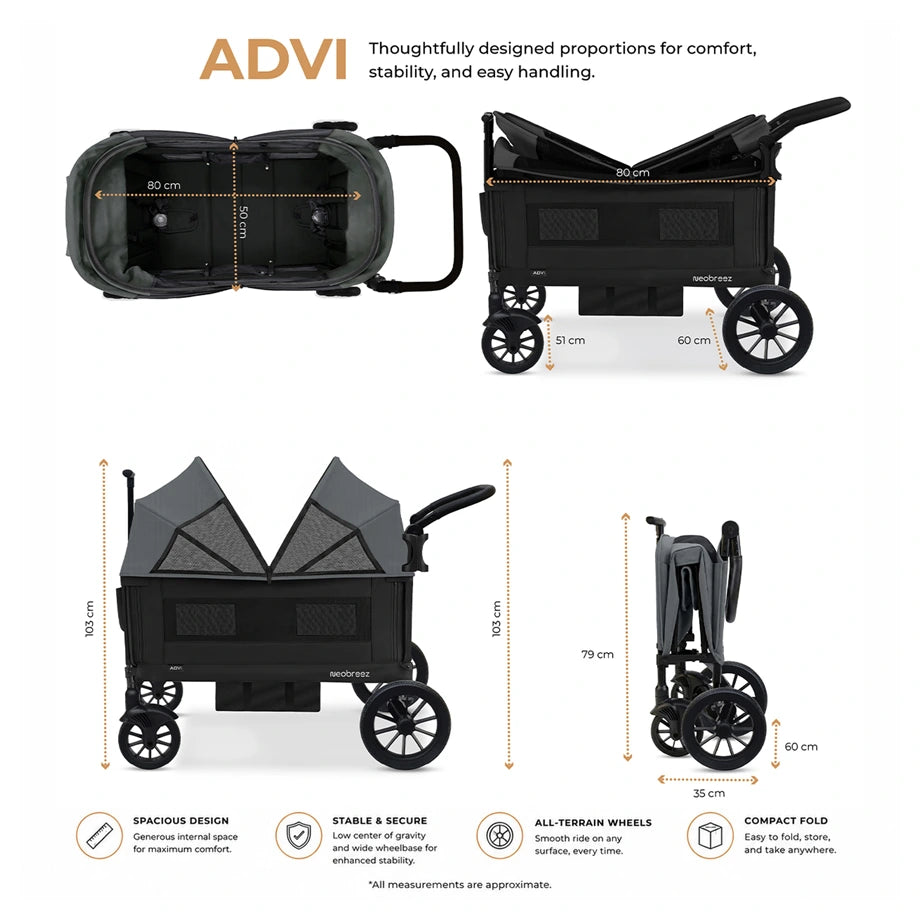 Neobreez Advi Wagon Cargo Push & Pull Foldable Double Stroller (Black)
