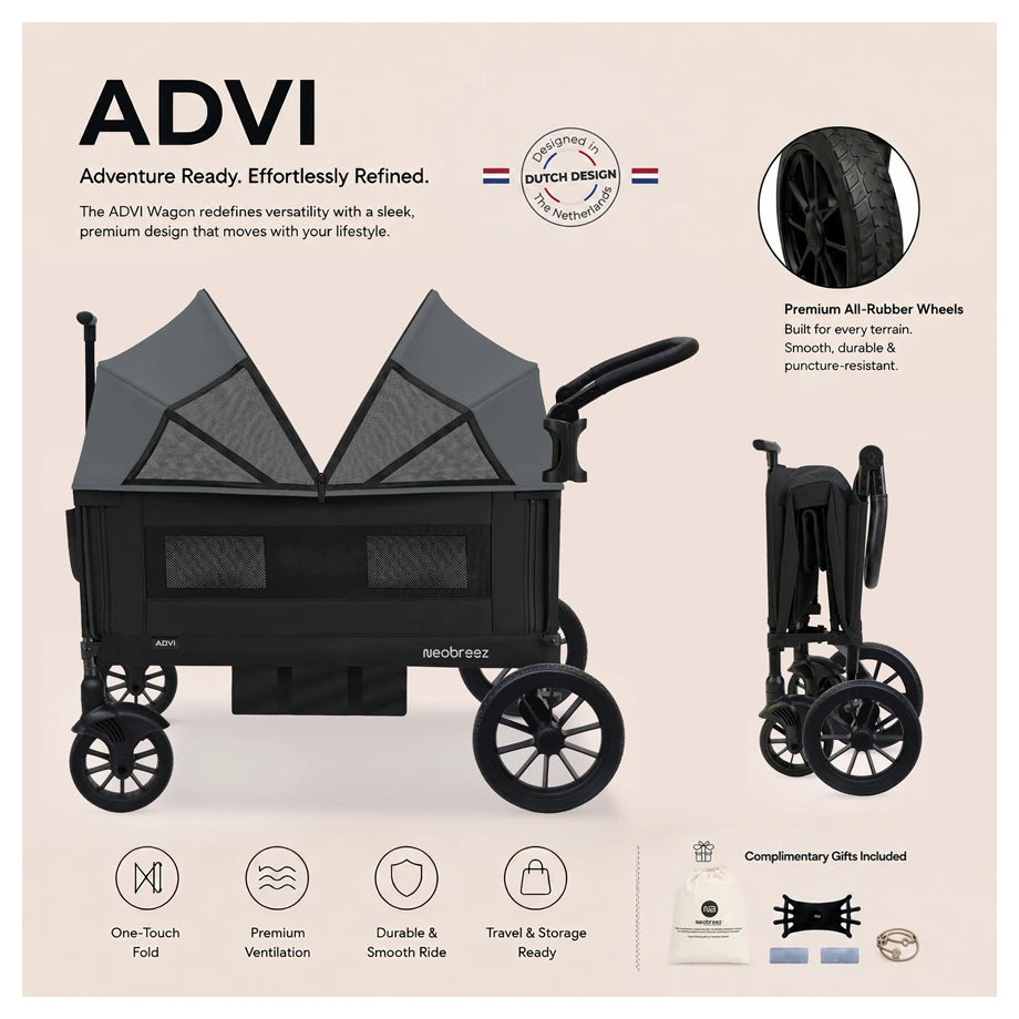 Neobreez Advi Wagon Cargo Push & Pull Foldable Double Stroller (Black)