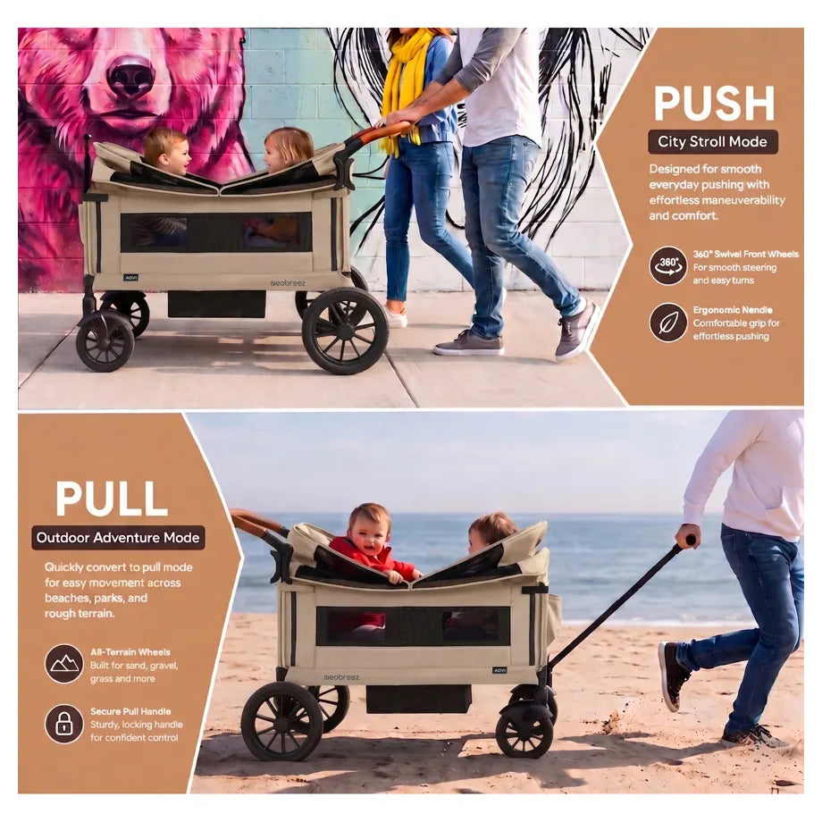 Neobreez ADVI Wagon Stroller Double Stroller Push&Pull Foldable Twin Stroller (Beige)