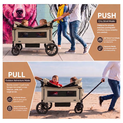 Neobreez ADVI Wagon Stroller Double Stroller Push&Pull Foldable Twin Stroller (Beige)