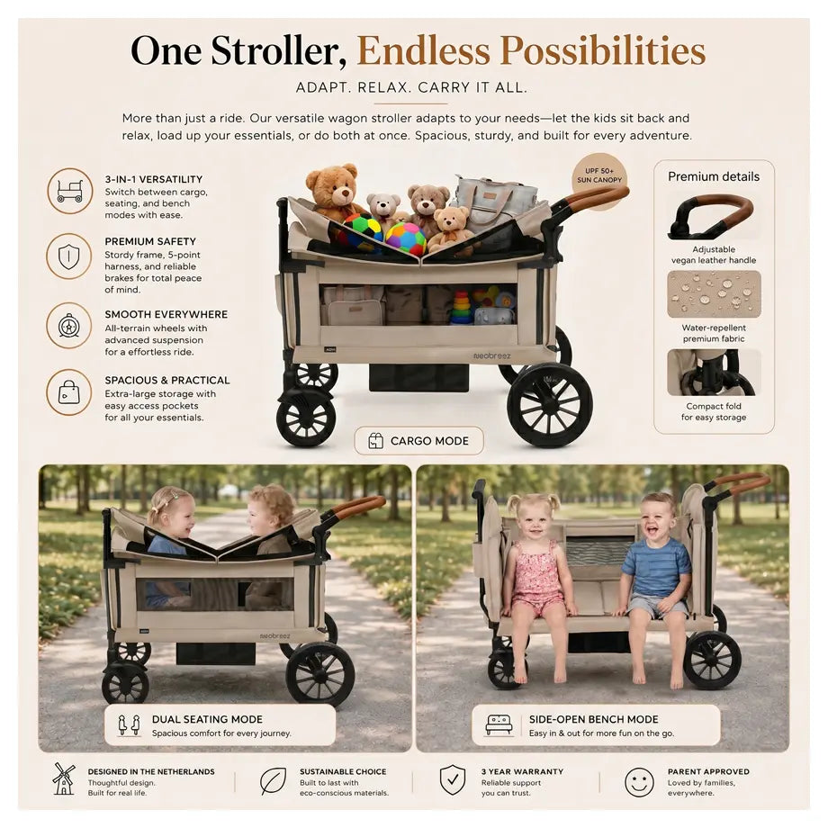 Neobreez ADVI Wagon Stroller Double Stroller Push&Pull Foldable Twin Stroller (Beige)