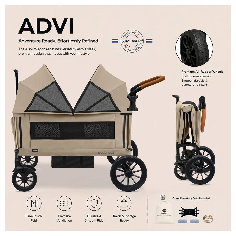 Neobreez ADVI Wagon Stroller Double Stroller Push&Pull Foldable Twin Stroller (Beige)