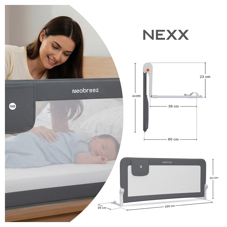Neobreez NEXX Foldable Adjustable Baby Bed Guard Rail 150x66 cm (Grey)