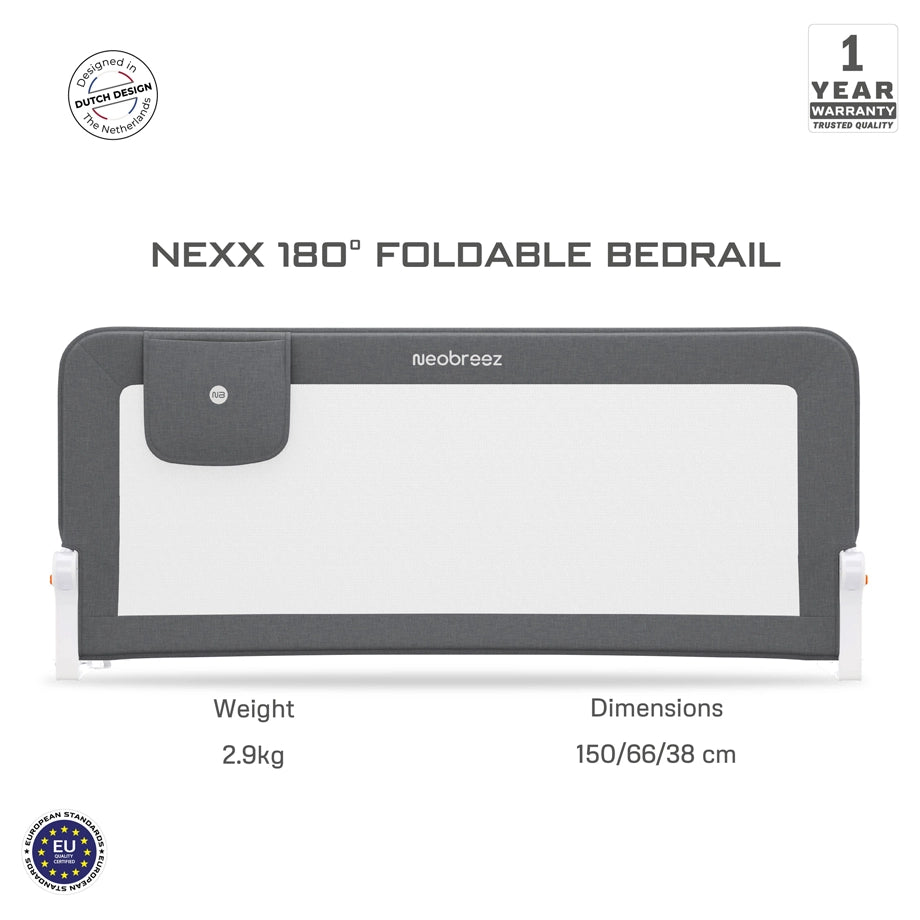 Neobreez NEXX Foldable Adjustable Baby Bed Guard Rail 150x66 cm (Grey)