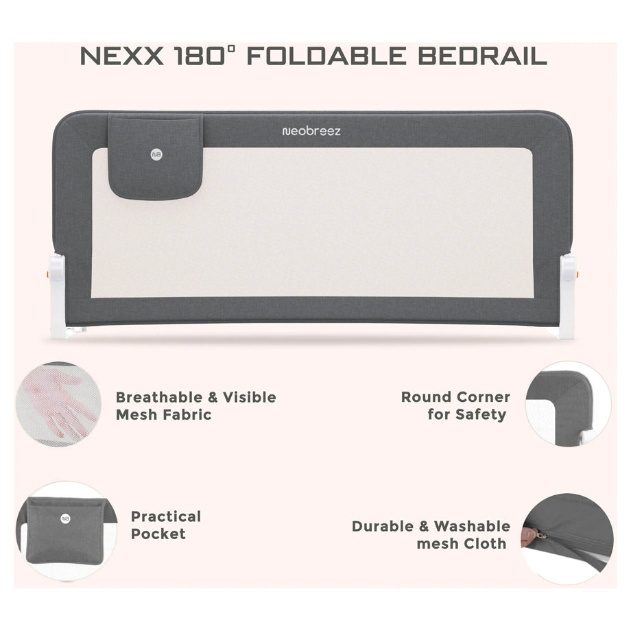 Neobreez NEXX Foldable Adjustable Baby Bed Guard Rail 150x66 cm (Grey)