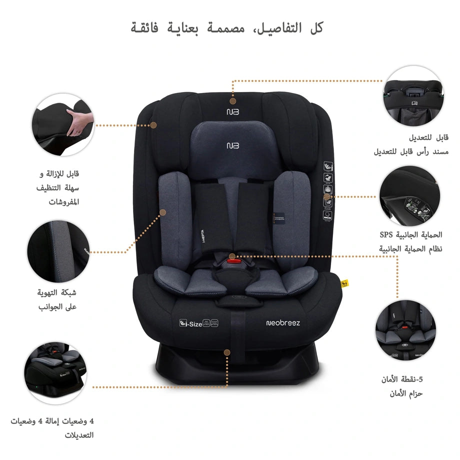 Neobreez-i-Hepta i-Size All-In-1 Convertible Car Seat 0–12Yrs (Black/Grey)