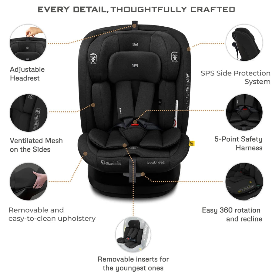Neobreez VILO 360° ISOFIX i-Size Car Seat, All-in-1 (0-12Yrs)(Black)