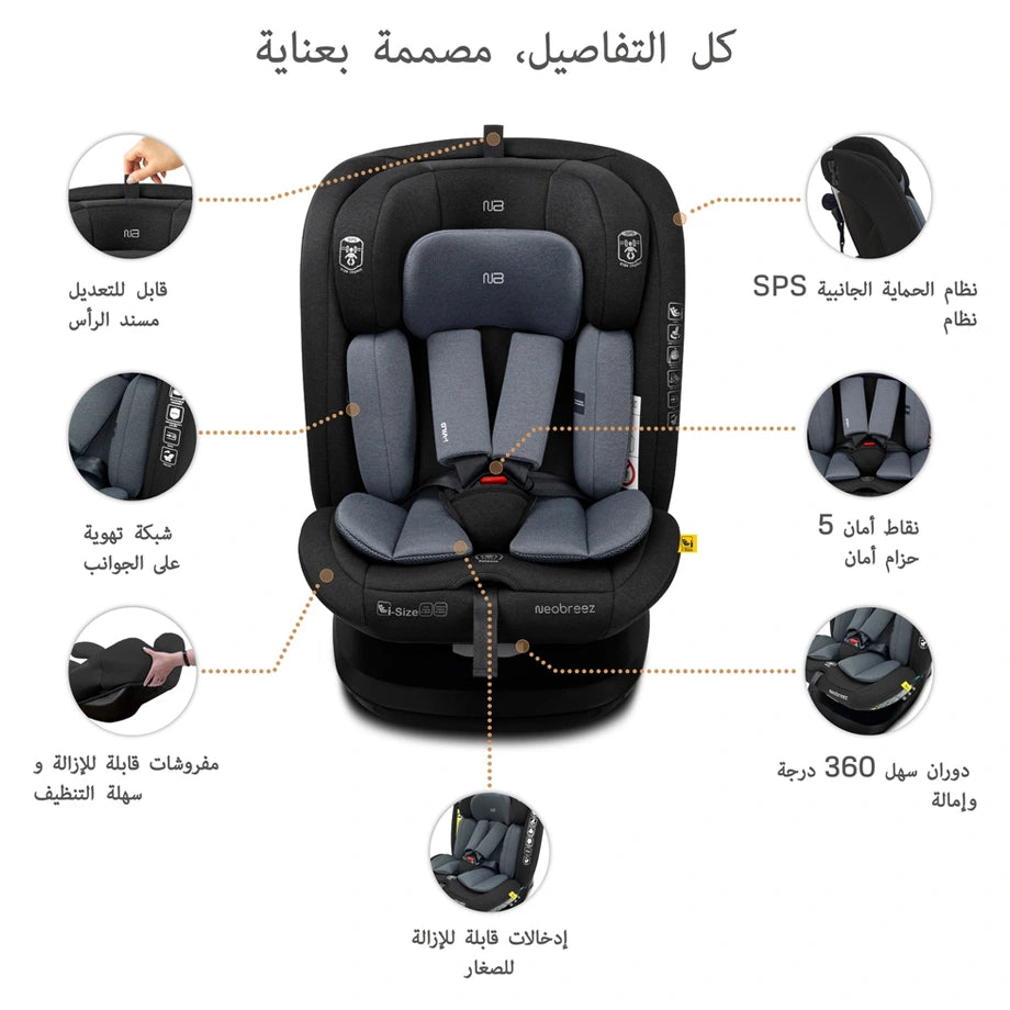 Neobreez I-Vilo 360 Degree Isofix I-Size Car Seat (Black/Grey)