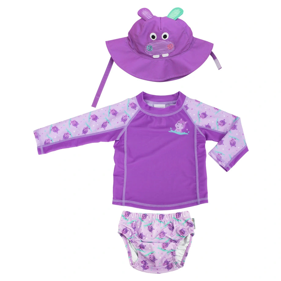 Zoocchini Baby Swim Set Rashguard Top, Swim Diaper & Sun Hat Hippo