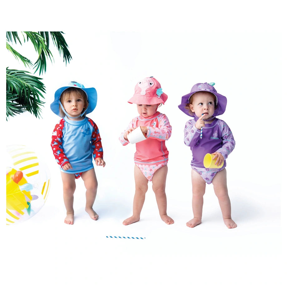 Zoocchini Baby Swim Set Rashguard Top, Swim Diaper & Sun Hat Hippo