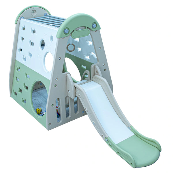 Little Toddler Playhouse With Swing Slide Rings Basketball Hoop With Climbing Frame In (White Beige And Light Mint Green)