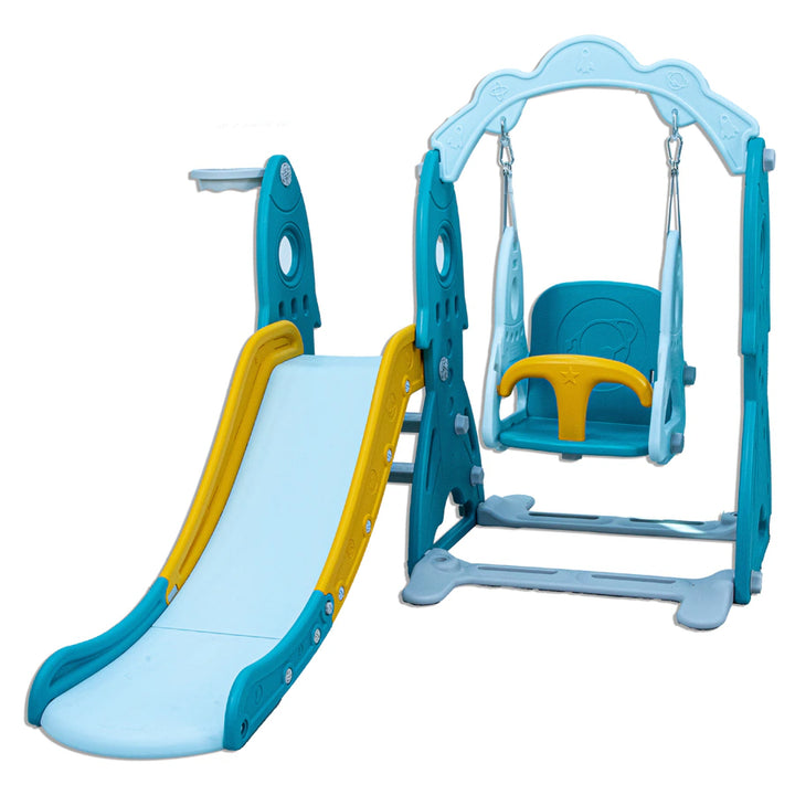 Little Toddler 3 in1 Playground Slide Height Adjust Swing Set Basketball Hoop (Green-Orange)