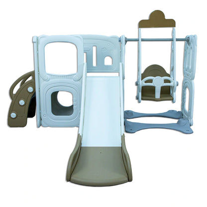 Little Toddler Playground With Climber Upper Deck Lower Storage Drawing Board Slide And Height Adjust Swing Set (Cofee-Off White)