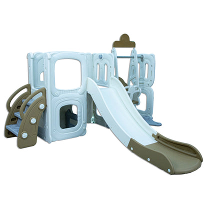 Little Toddler Playground With Climber Upper Deck Lower Storage Drawing Board Slide And Height Adjust Swing Set (Cofee-Off White)