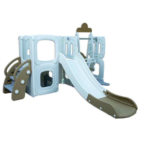 Little Toddler Playground With Climber Upper Deck Lower Storage Drawing Board Slide And Height Adjust Swing Set (Cofee-Off White)