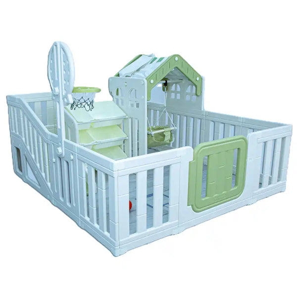 Little Toddler Amusement Park With Kids' Playhouse Slide Basketball Hoop Storage Bins (Mint Green -Off White)