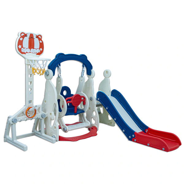 Little Toddler 4 In 1 Playground With Slide  Height Adjust Swing Setsoccer Post Basketball Hoop (Blue-Red)