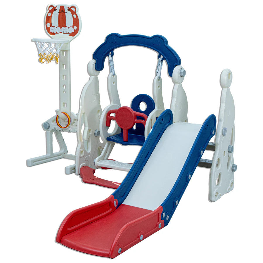 Little Toddler 4 In 1 Playground With Slide  Height Adjust Swing Setsoccer Post Basketball Hoop (Blue-Red)
