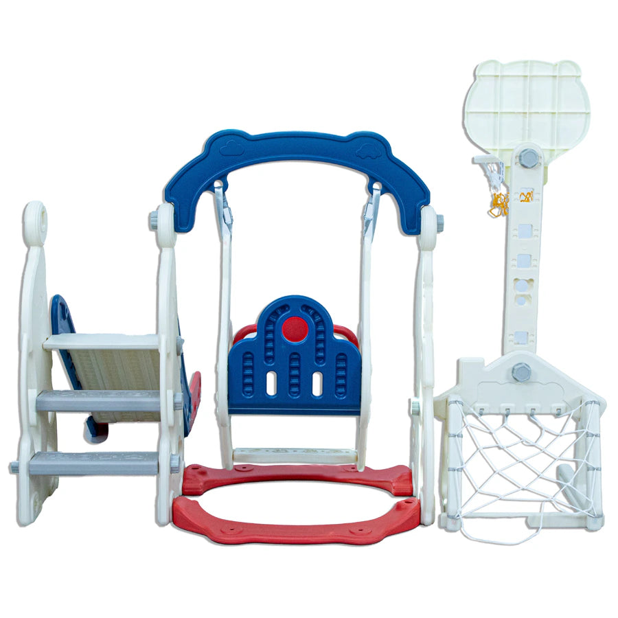 Little Toddler 4 In 1 Playground With Slide  Height Adjust Swing Setsoccer Post Basketball Hoop (Blue-Red)