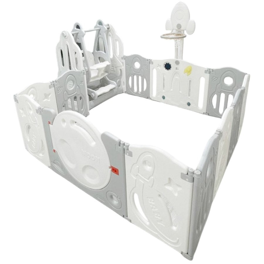 حظيرة لعب قابلة للطي للأطفال الصغار مع حلقة كرة سلة وأرجوحة - 160x160x63 سم حظيرة لعب قابلة للطي للأطفال الصغار مع حلقة كرة سلة وأرجوحة - 160x160x63 سم