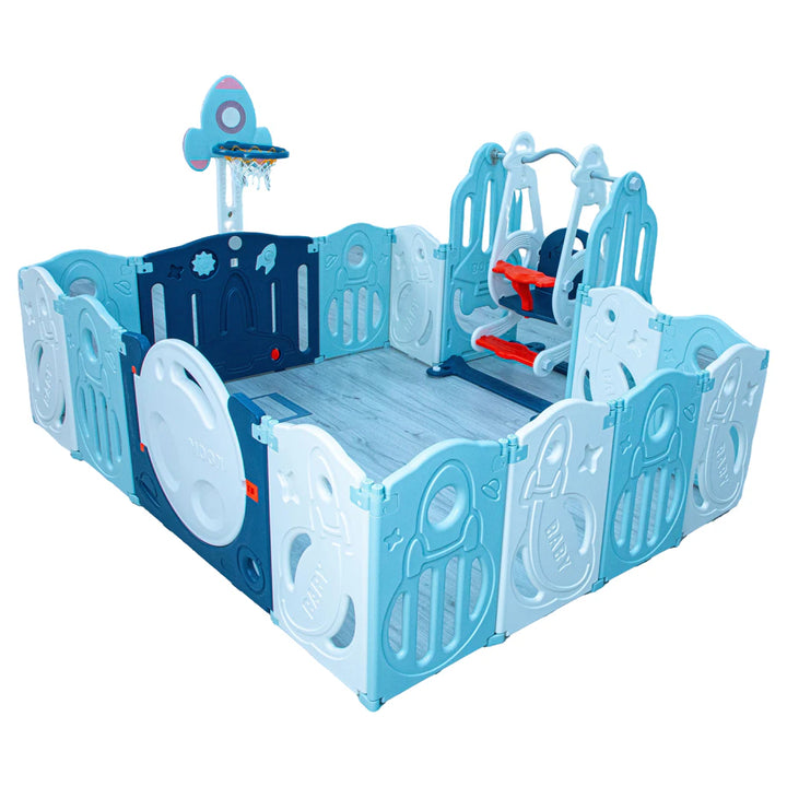 Little Toddlers Foldable Playpen with Basketball Hoop & Swing - 160x200x63 cm