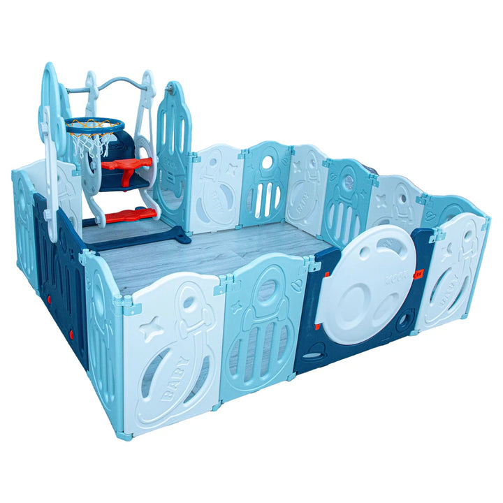 Little Toddlers Foldable Playpen with Basketball Hoop & Swing - 160x200x63 cm