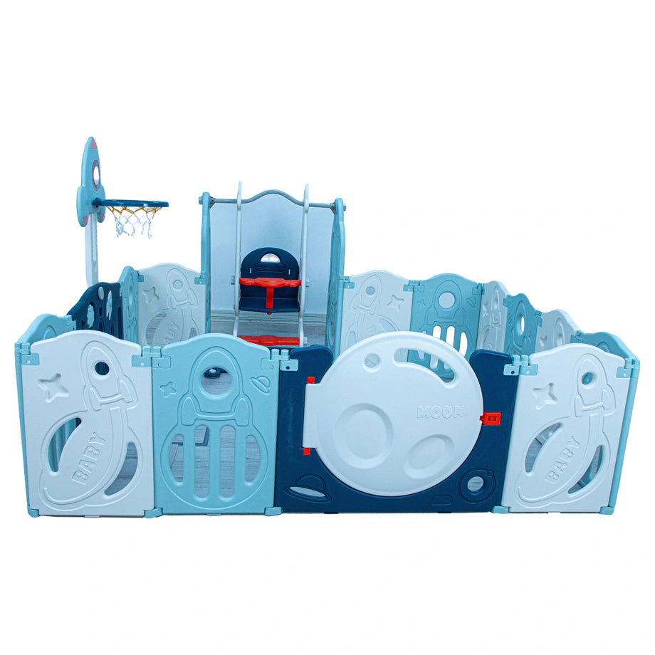 Little Toddlers Foldable Playpen with Basketball Hoop & Swing - 160x200x63 cm