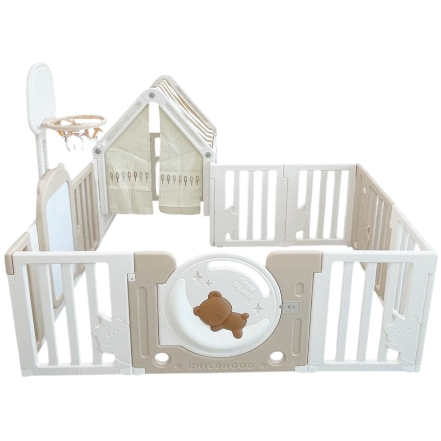 حظيرة لعب على شكل دب صغير مع حلقة كرة سلة وبيت لعب - 120x180x64 سم حظيرة لعب على شكل دب صغير مع حلقة كرة سلة وبيت لعب - 120x180x64 سم