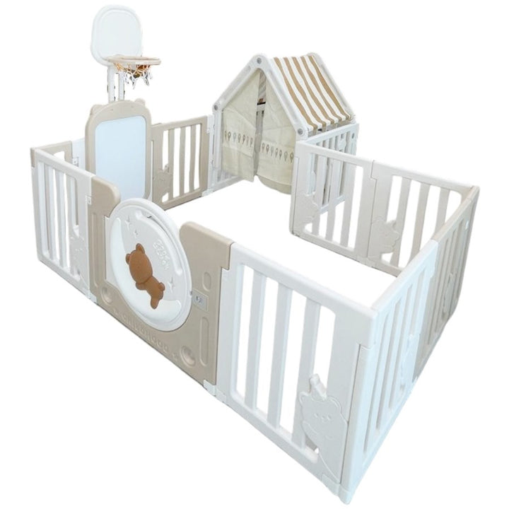 Little Toddlers Bear Moon Playpen with Basketball Hoop & Playhouse - 120x180x64 cm