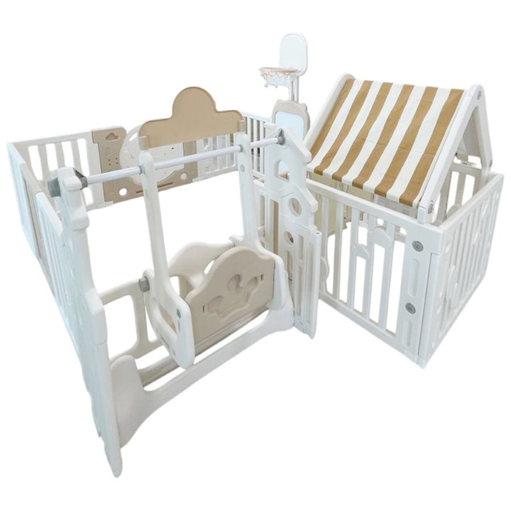 Little Toddlers Bear Moon Playpen with Basketball Hoop & Playhouse - 150x180x64 cm