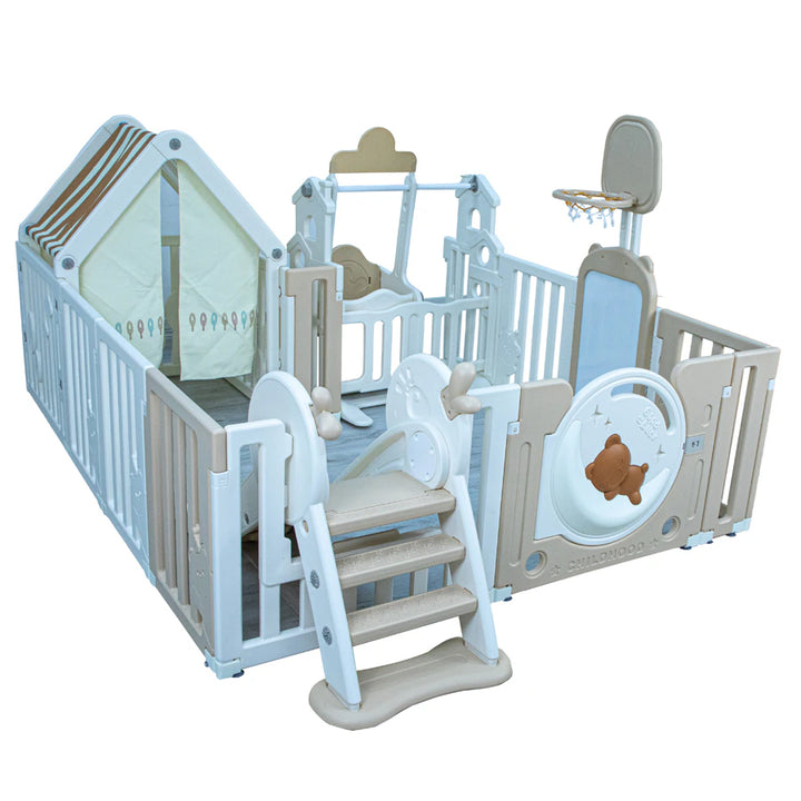 Little Toddler Bear Moon Playpen (No Mat)Drawing Boardbasketball Hoop Small House Swing Slide (White-Biege)