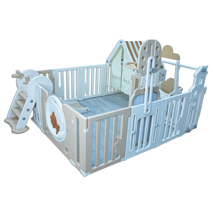 Little Toddler Bear Moon Playpen (No Mat)Drawing Boardbasketball Hoop Small House Swing Slide (White-Biege)