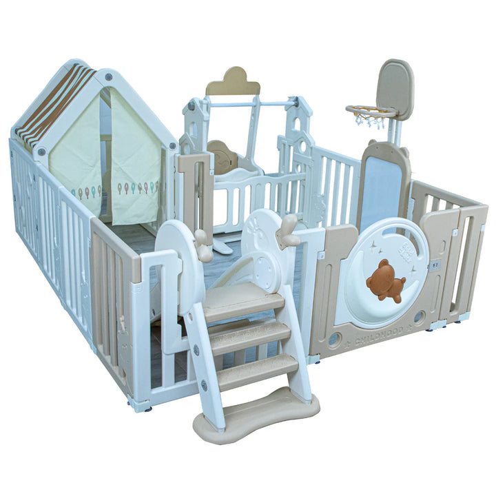 Little Toddler Bear Moon Playpen (No Mat)Drawing Boardbasketball Hoop Small House Swing Slide (White-Biege)