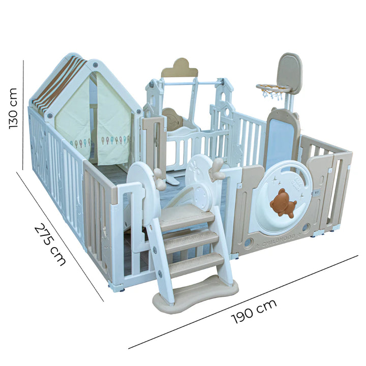 Little Toddler Bear Moon Playpen (No Mat)Drawing Boardbasketball Hoop Small House Swing Slide (White-Biege)