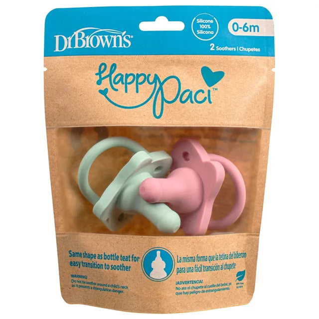 Dr. Browns HappyPaci Silicone One-Piece Soother, 0-6m, Pink and Green (Pack of 2)