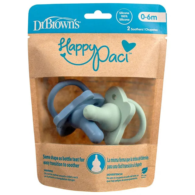 HappyPaci Silicone One-Piece Soother, 0-6m, Blue and Green (Pack of 2)