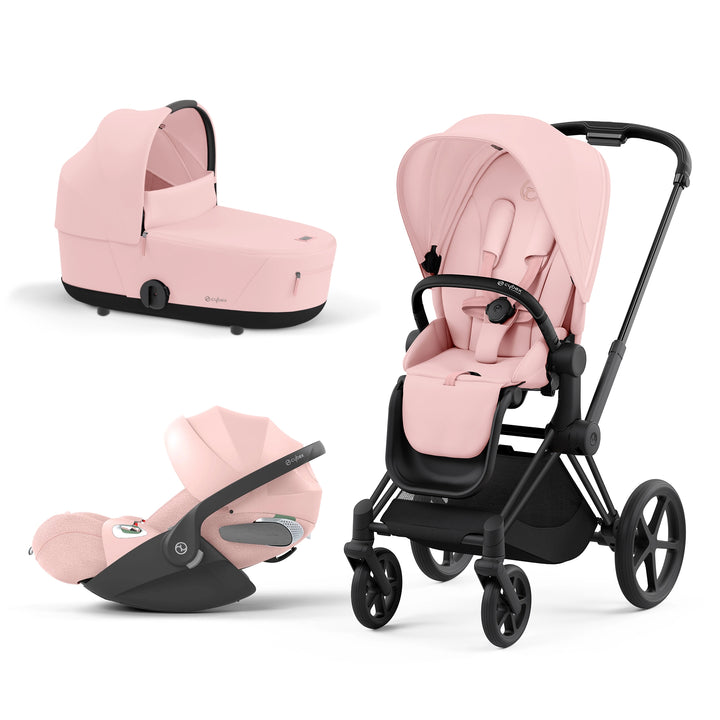 Cybex Priam Travel System Bundle (Black Frame Stroller) with Simply Flowers Carry Cot, Seat Pack & Cloud Car Seat (Pink)