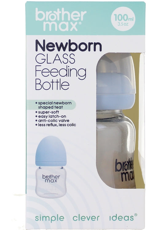 Brother Max Newbron Glass Feeding Bottle 100ml + SS Teat (Blue)