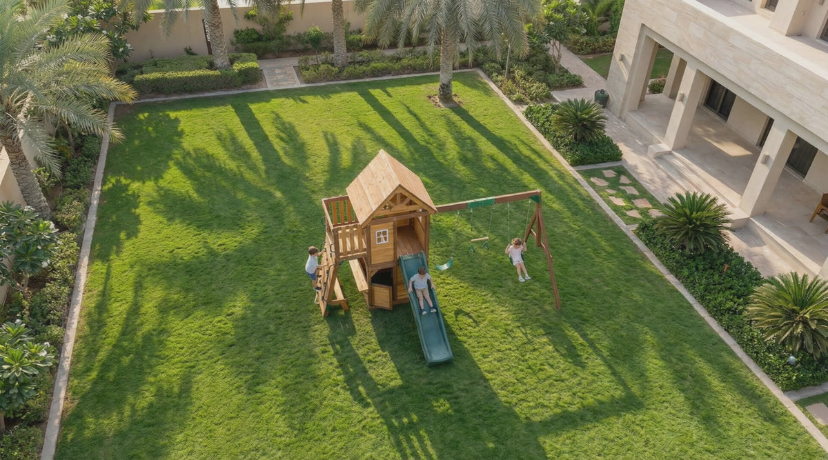 Mountpeak Kazbek Wooden Swing Set & Two-Level Playhouse with Roof