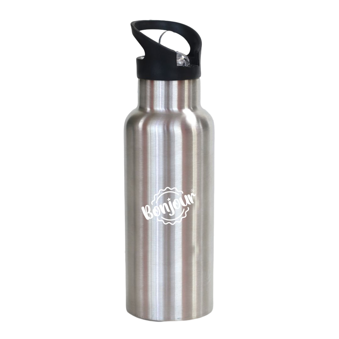 Bonjour Sip Box Premium Stainless Steel Insulated Water Bottle with Straw Lid and Handle Cap 500 ml,BPA-Free ( Steel Grey )