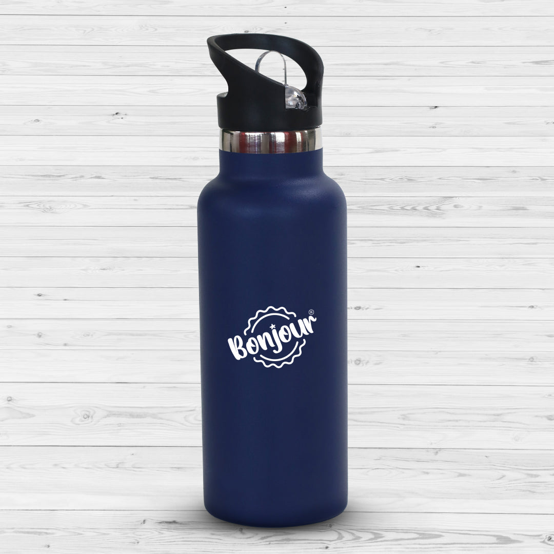Bonjour Sip Box Premium Stainless Steel Insulated Water Bottle with Straw Lid and Handle Cap 500 ml,BPA-Free (Navy Blue)