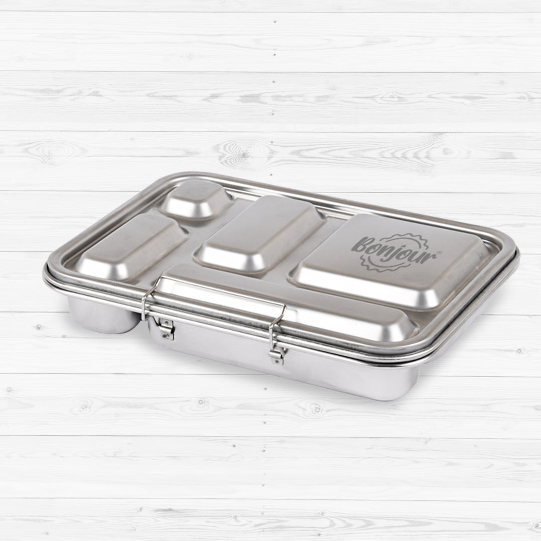 Bonjour Stainless Steel Lunch Box, 5 Compartments (White Lid)
