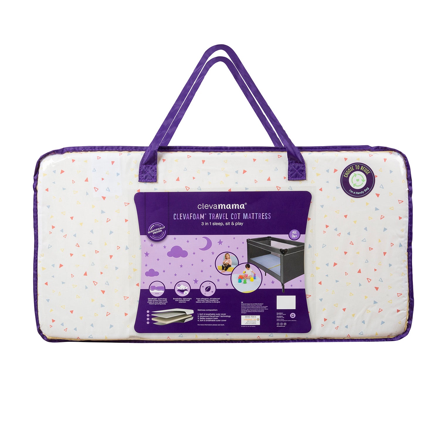 ClevaFoam Travel Cot Mattress - 3 in 1 Sleep, Sit & Play (White/Yellow)
