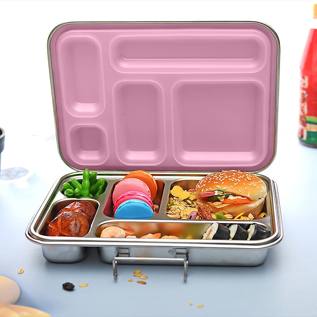 Bonjour Stainless Steel Lunch Box, 5 Compartments (Pink Lid)