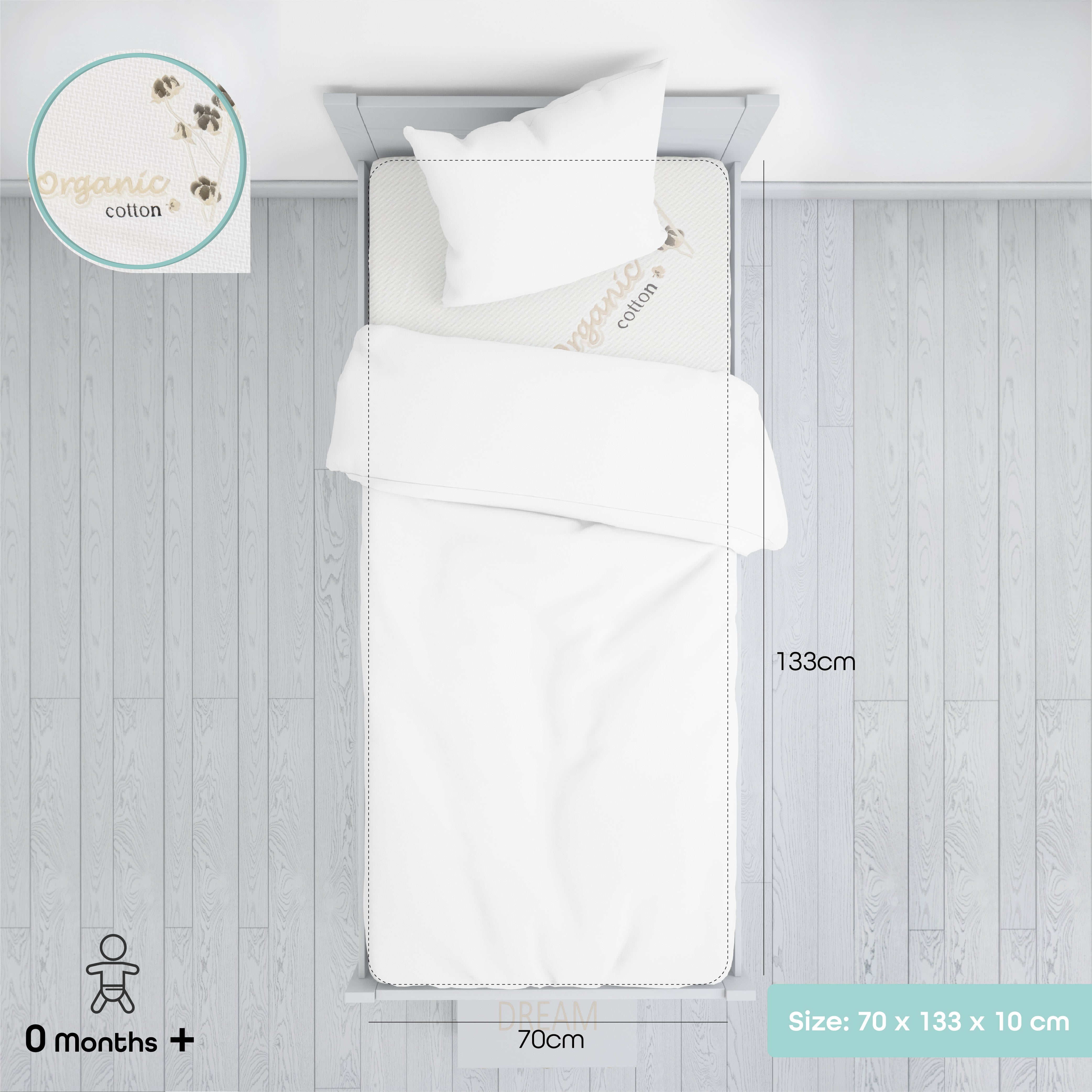 <tc>مرتبة سرير وسرير أطفال عضوي (133 × 70 × 10 سم)</tc>