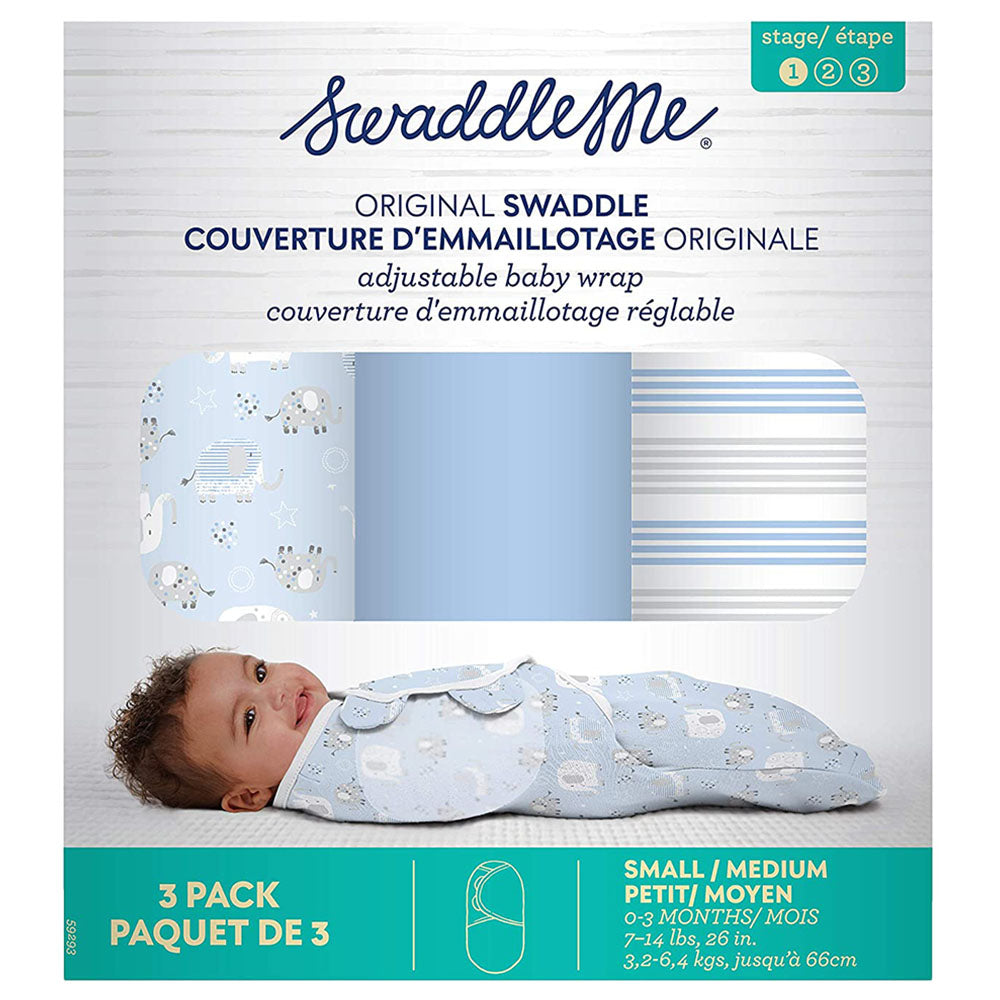 Swaddleme Original Swaddle – Elephants And Stripes - 0-3 Months (Pack of 3)