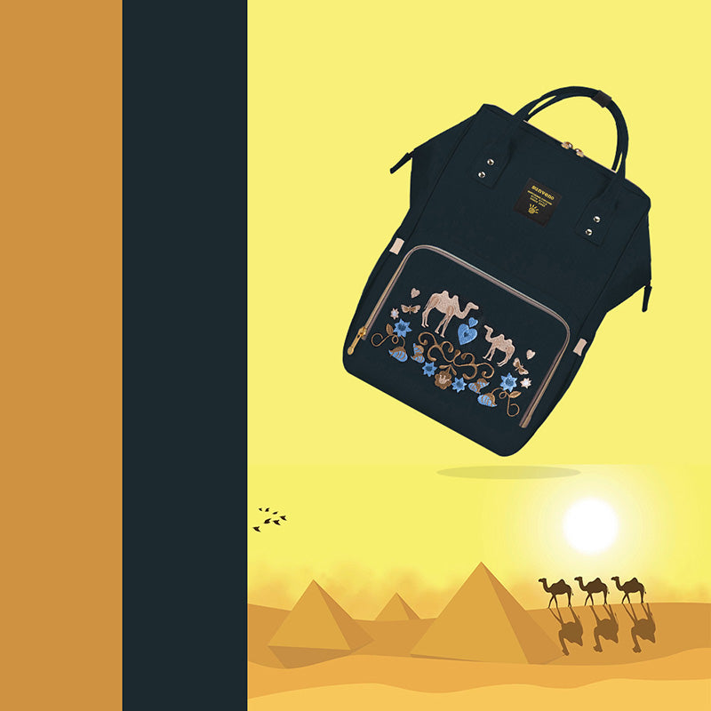 <tc>صنفينو - حقيبة حفاضات بطبعة الجمل إصدار الخليج مع USB (أسود)</tc>